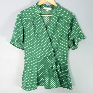 Monteau Green Polka Dot Faux Wrap Blouse Size XL